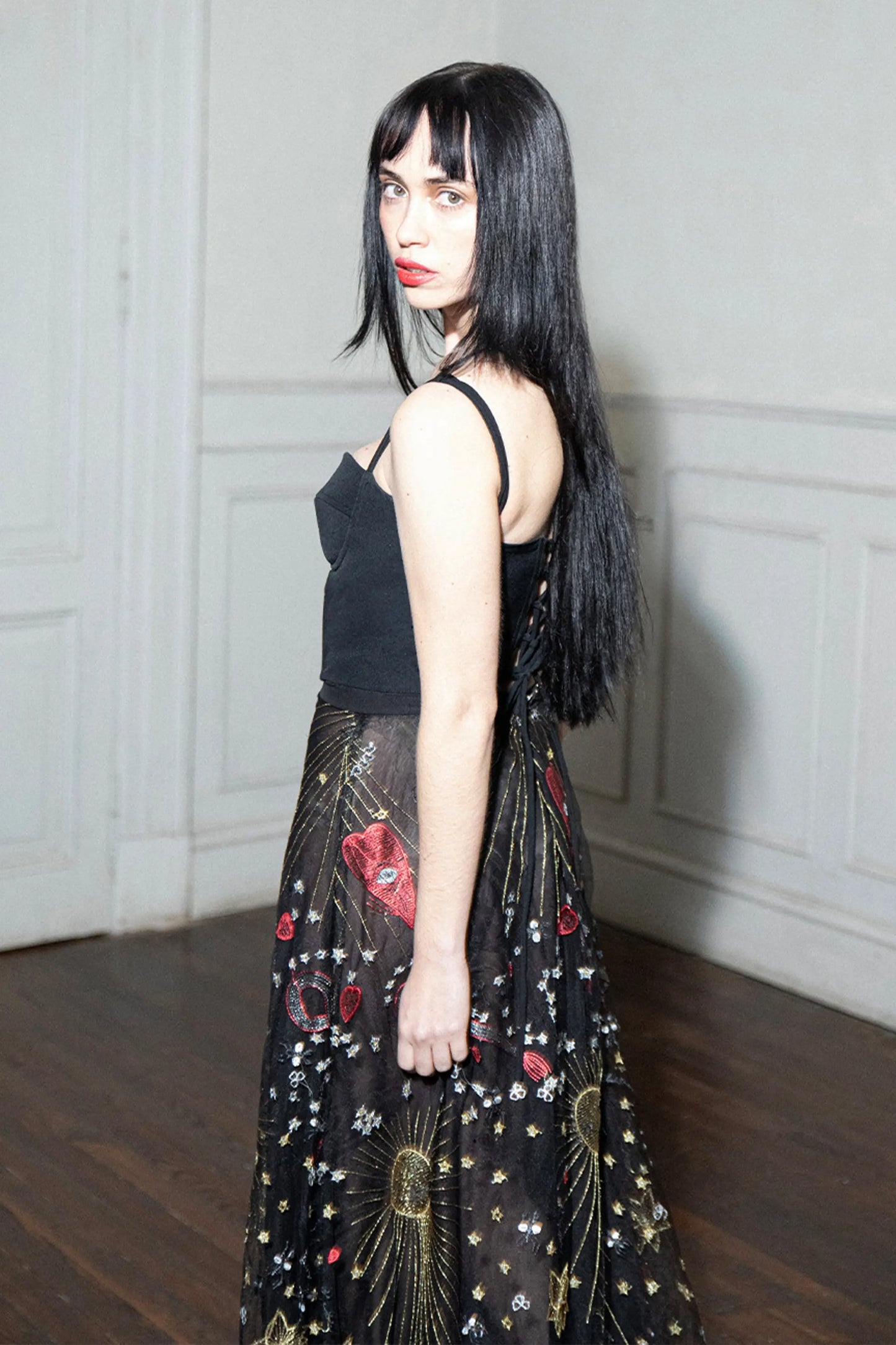 LONG EMBROIDERED SKIRT BLACK DRAWINGS L'AVENTURE