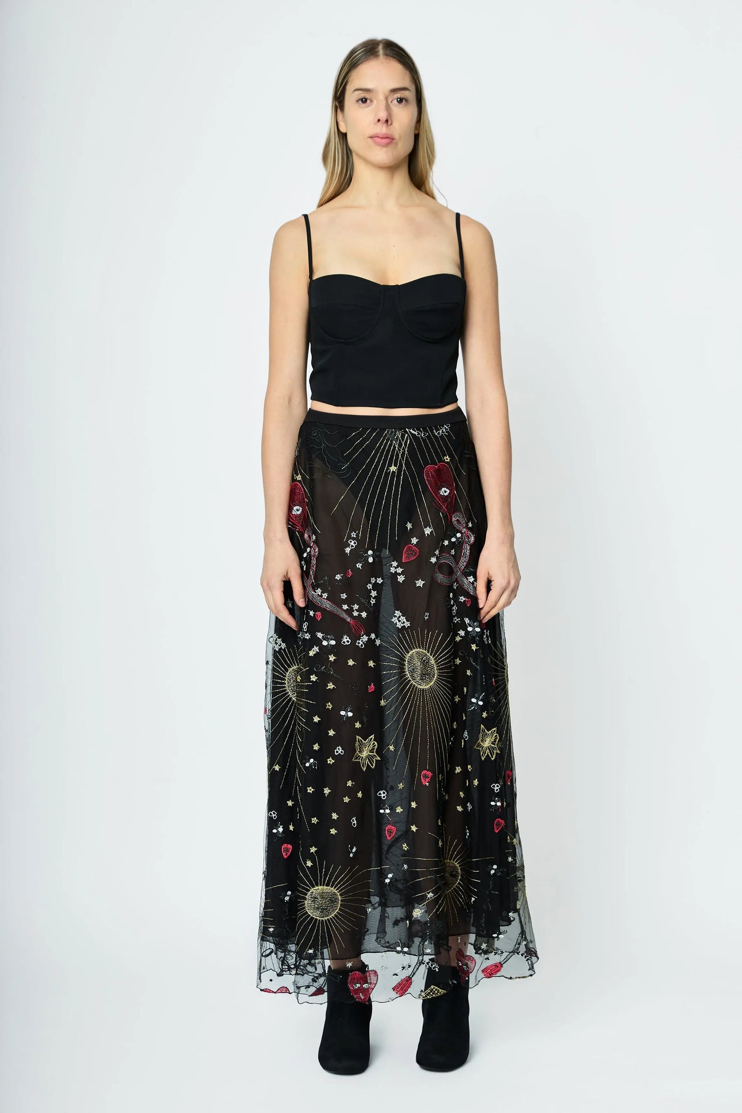 LONG EMBROIDERED SKIRT BLACK DRAWINGS L'AVENTURE