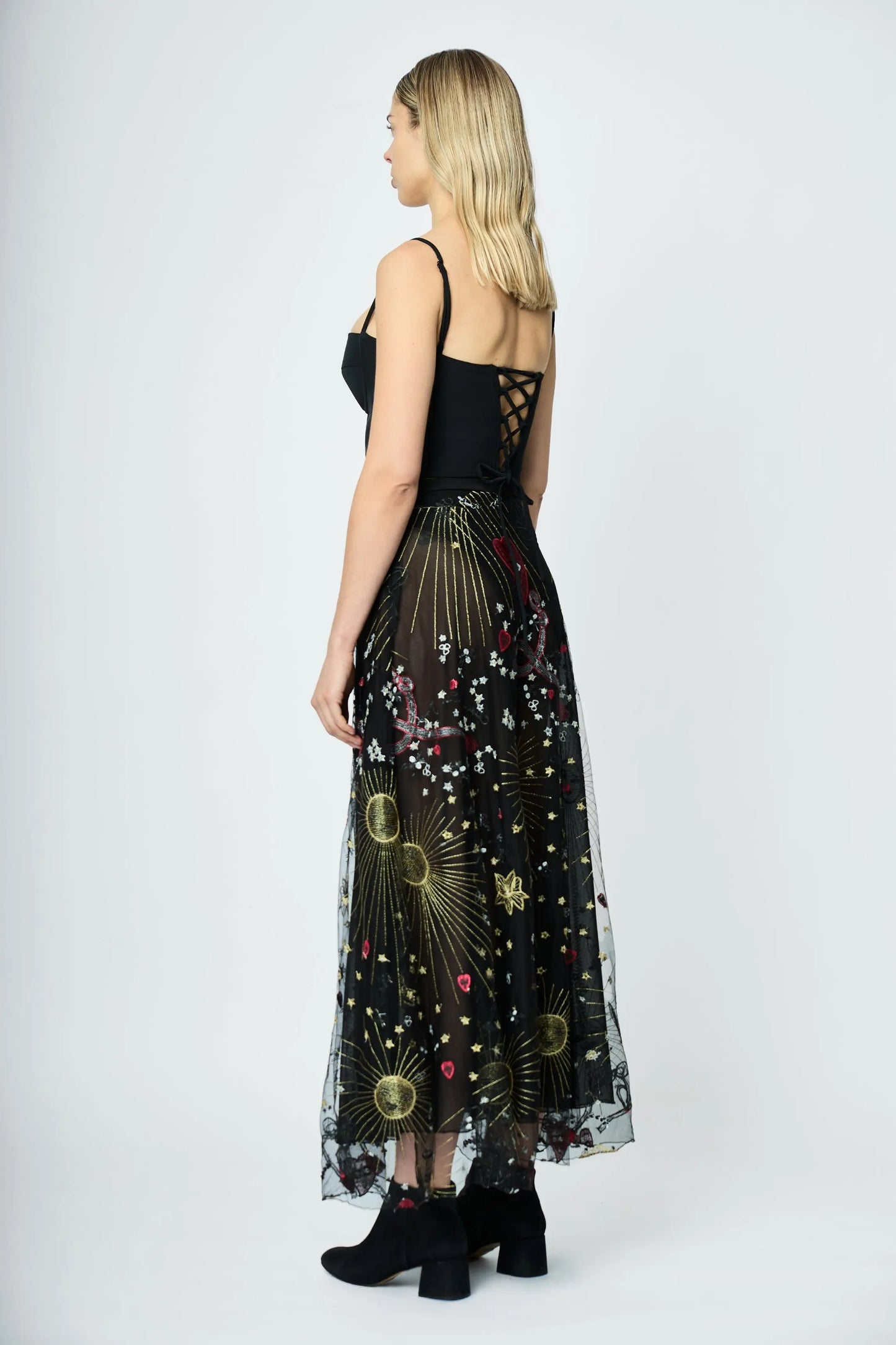 LONG EMBROIDERED SKIRT BLACK DRAWINGS L'AVENTURE