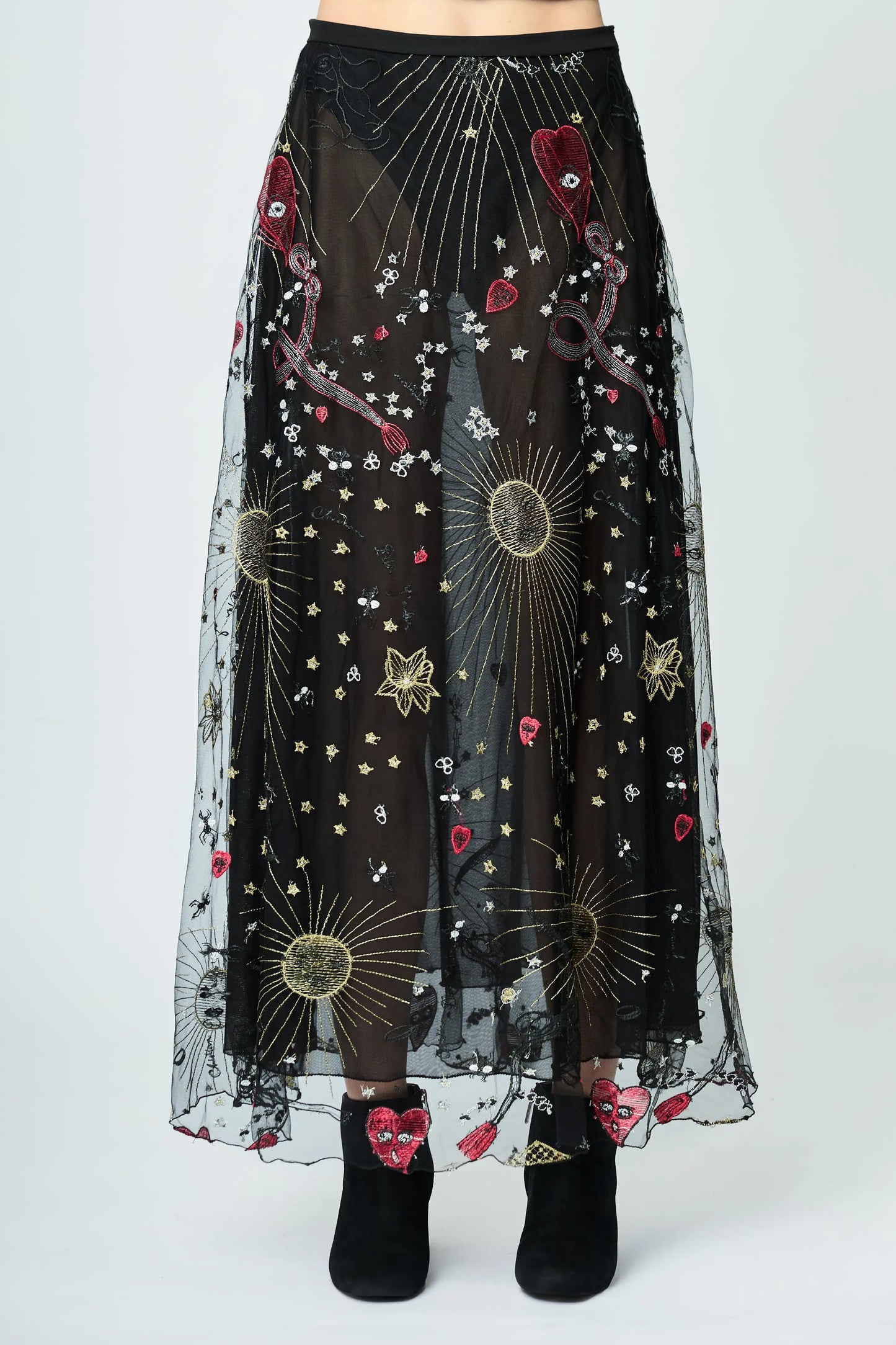 LONG EMBROIDERED SKIRT BLACK DRAWINGS L'AVENTURE