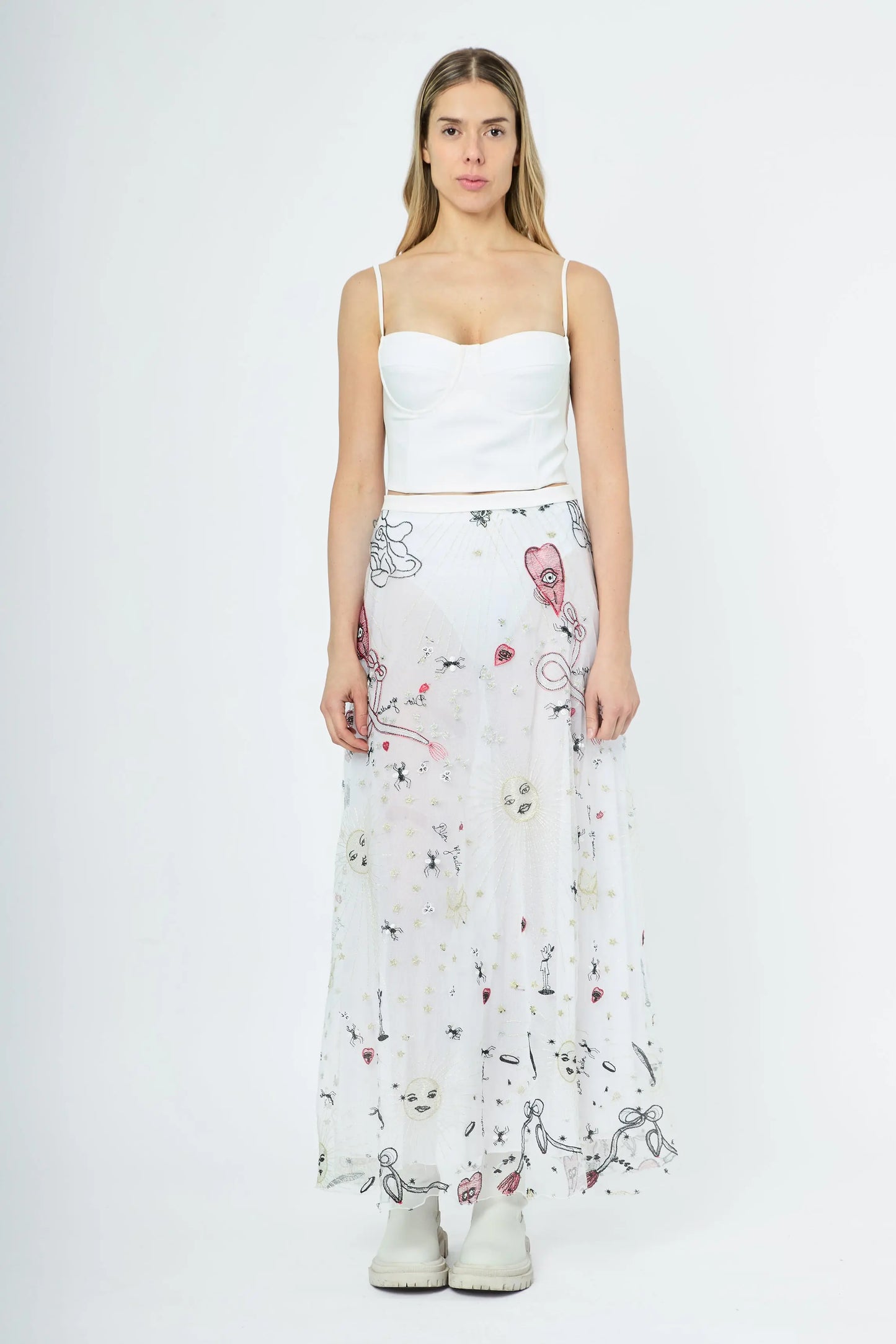 LONG EMBROIDERED SKIRT WHITE DRAWINGS - ÉDITION LIMITÉE L'AVENTURE