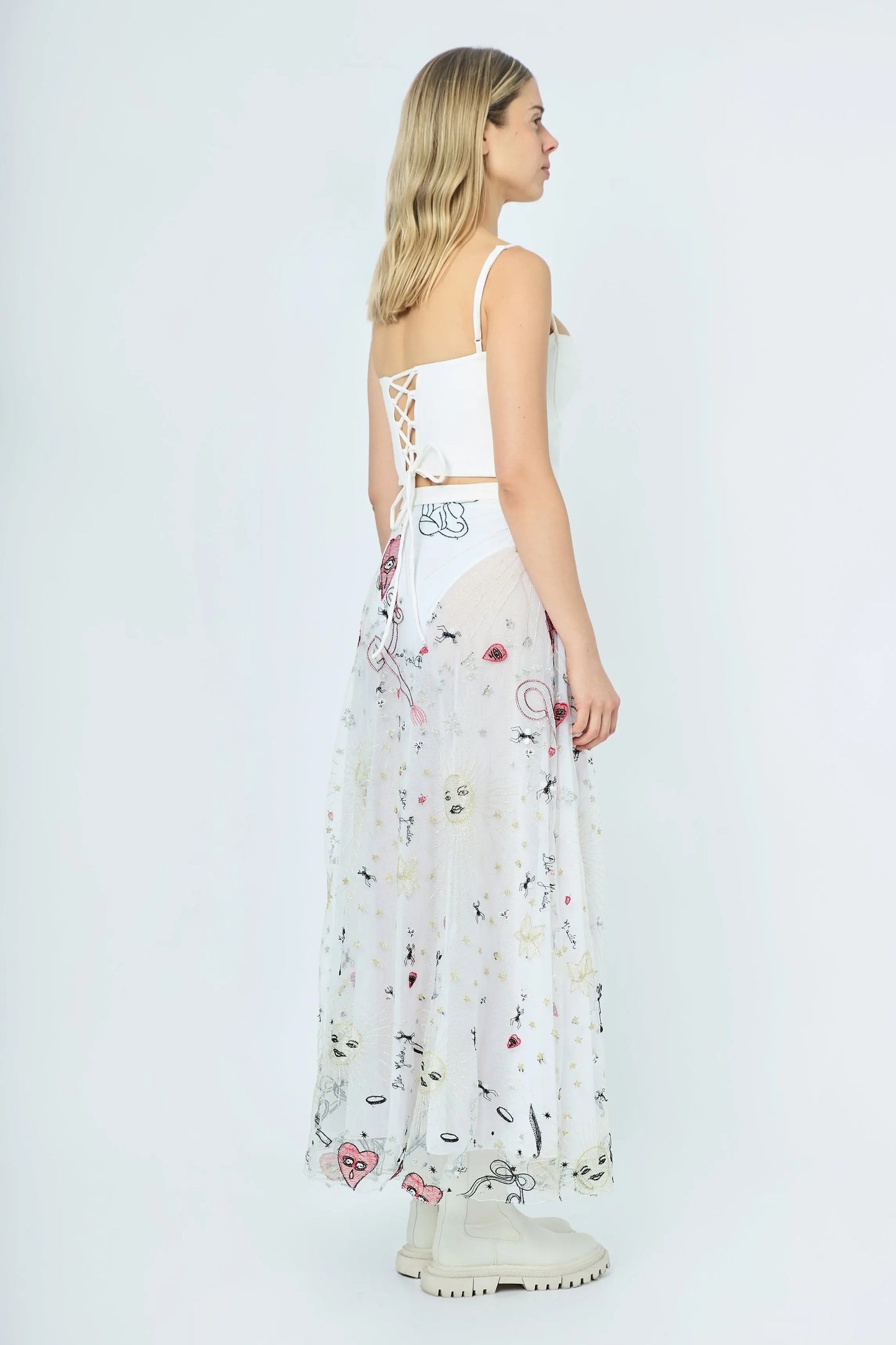LONG EMBROIDERED SKIRT WHITE DRAWINGS - ÉDITION LIMITÉE L'AVENTURE