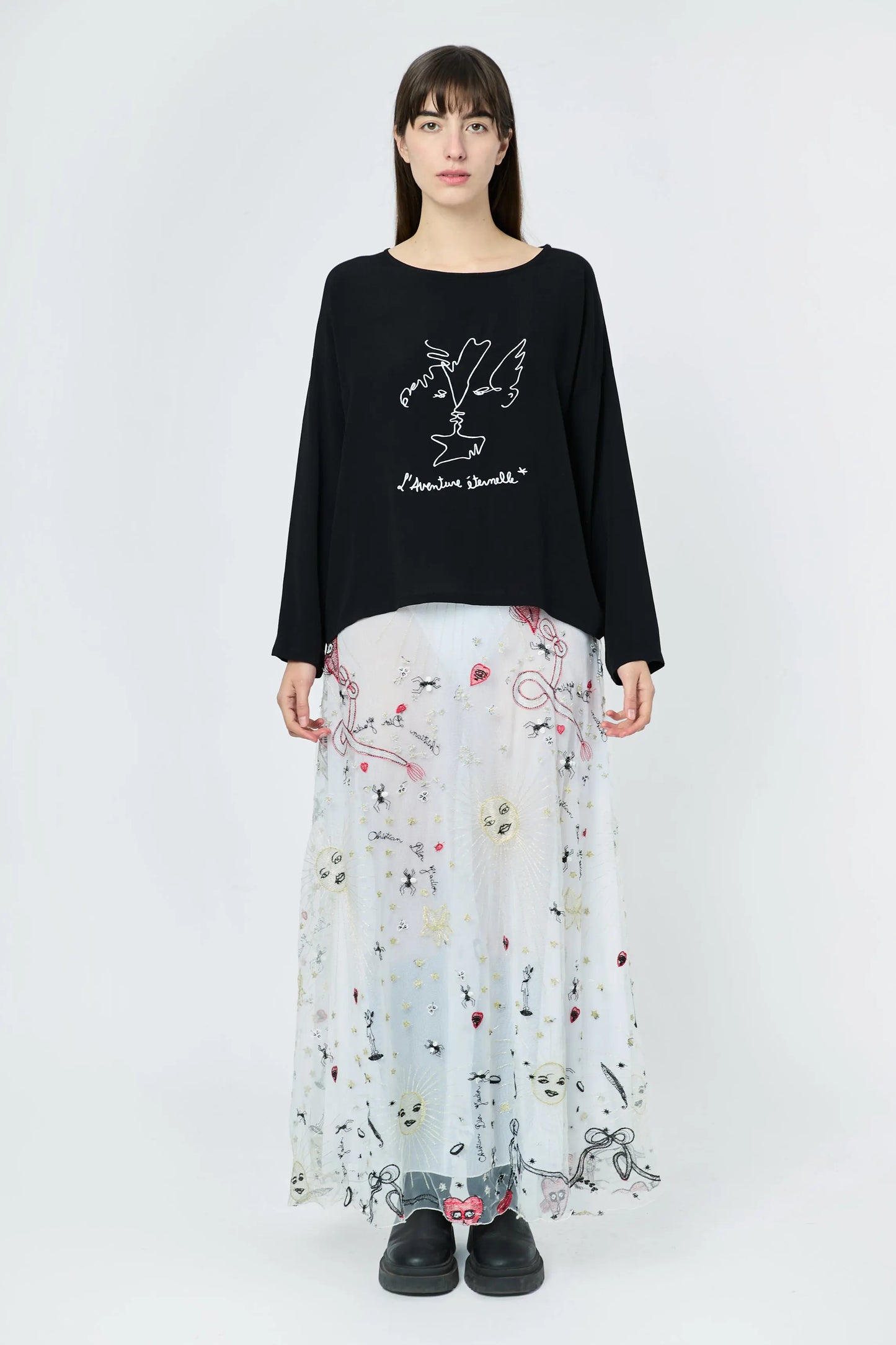 LONG EMBROIDERED SKIRT WHITE DRAWINGS - ÉDITION LIMITÉE L'AVENTURE